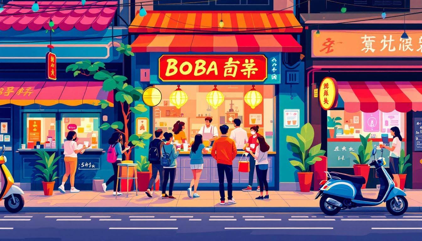 台灣街上的珍珠奶茶店，顧客絡繹不絕。
