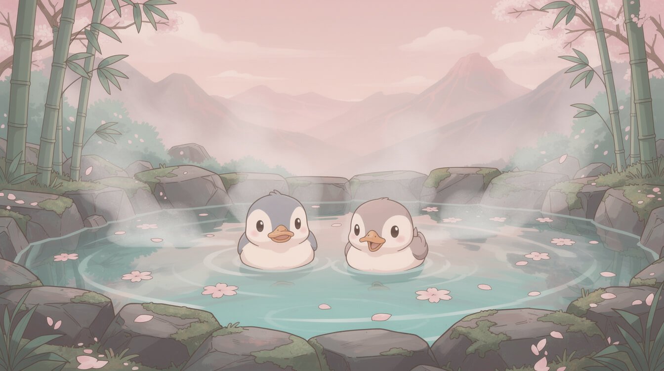 Steaming Taiwan volcanic hot spring with cherry blossoms
