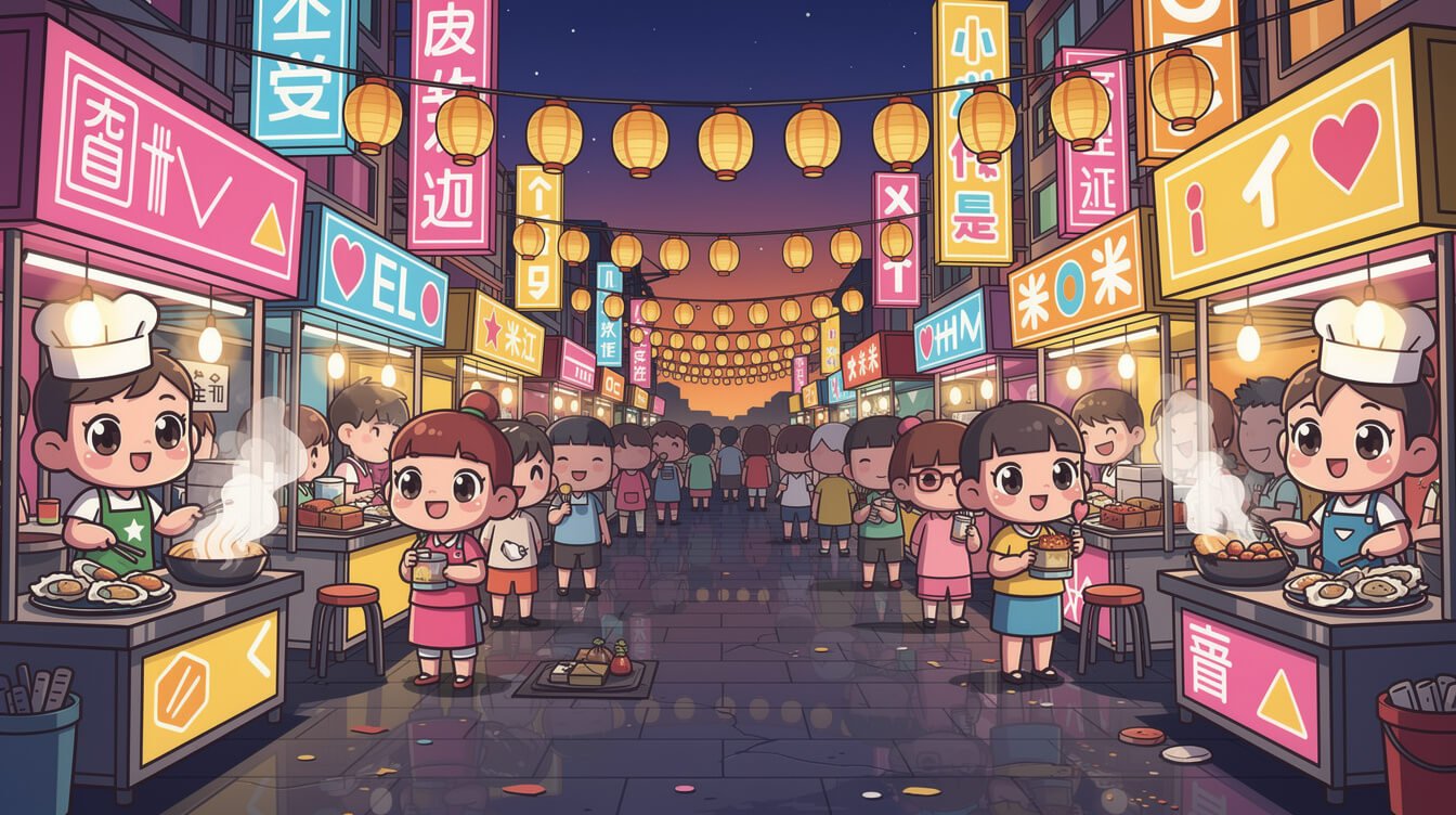 Bustling Taiwan night market food stalls