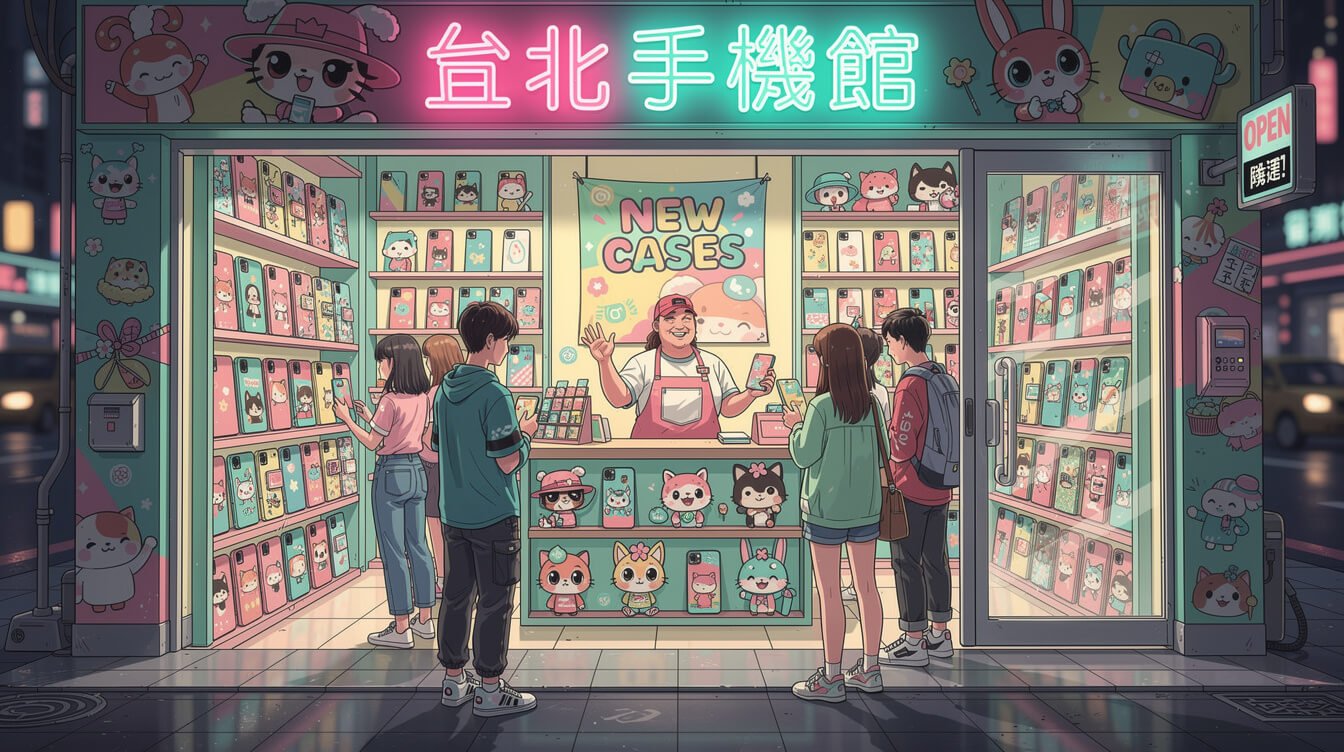 台北一家台灣手機配件店，貨架上擺滿了色彩繽紛的手機殼。
