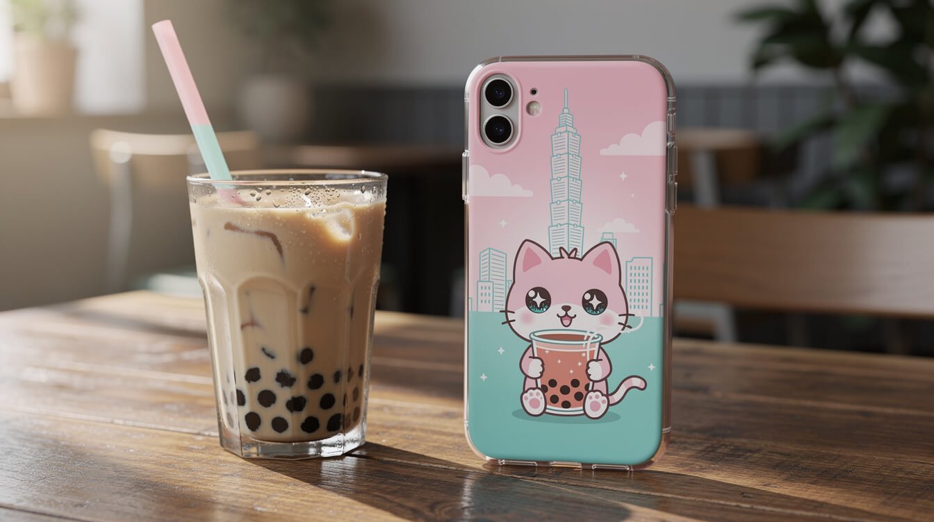 台灣手機殼放在咖啡桌上，旁邊有一杯珍珠奶茶。