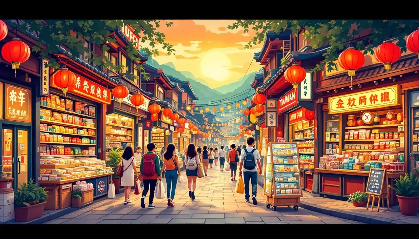 台灣購物街，遍佈小吃紀念品商店