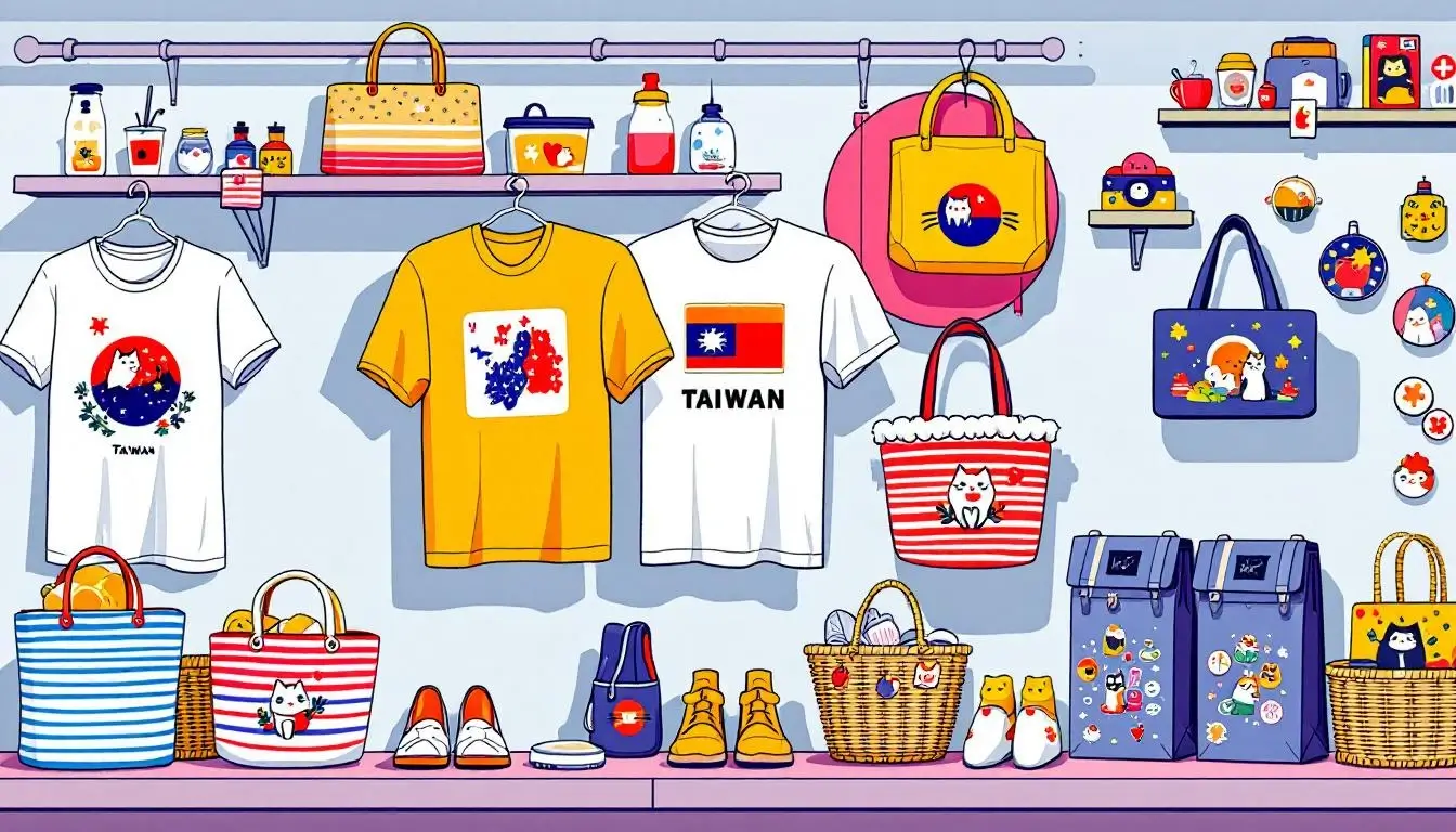 台灣時尚紀念品，包括印花T恤和包包
