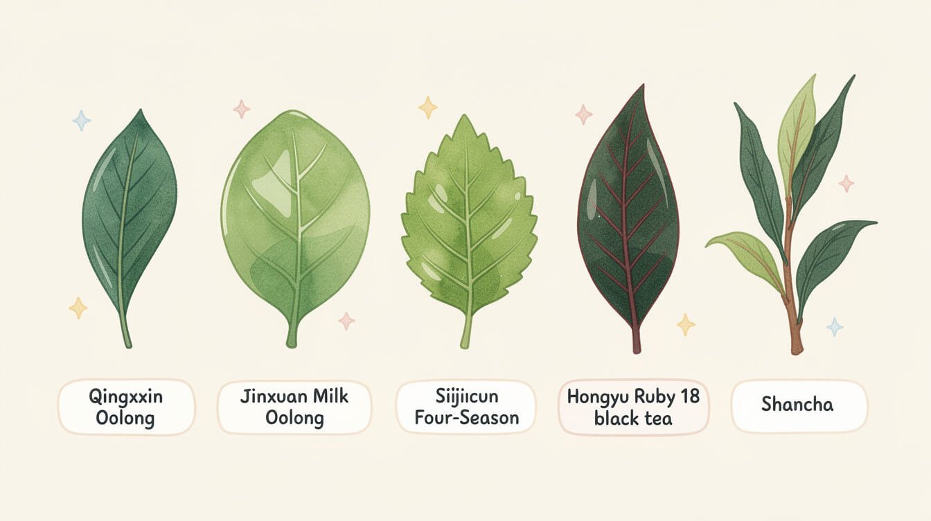 Botanical illustration of five Taiwan tea cultivars: Qingxin, Jinxuan, Sijicun, Hongyu Ruby 18, and indigenous mountain shancha