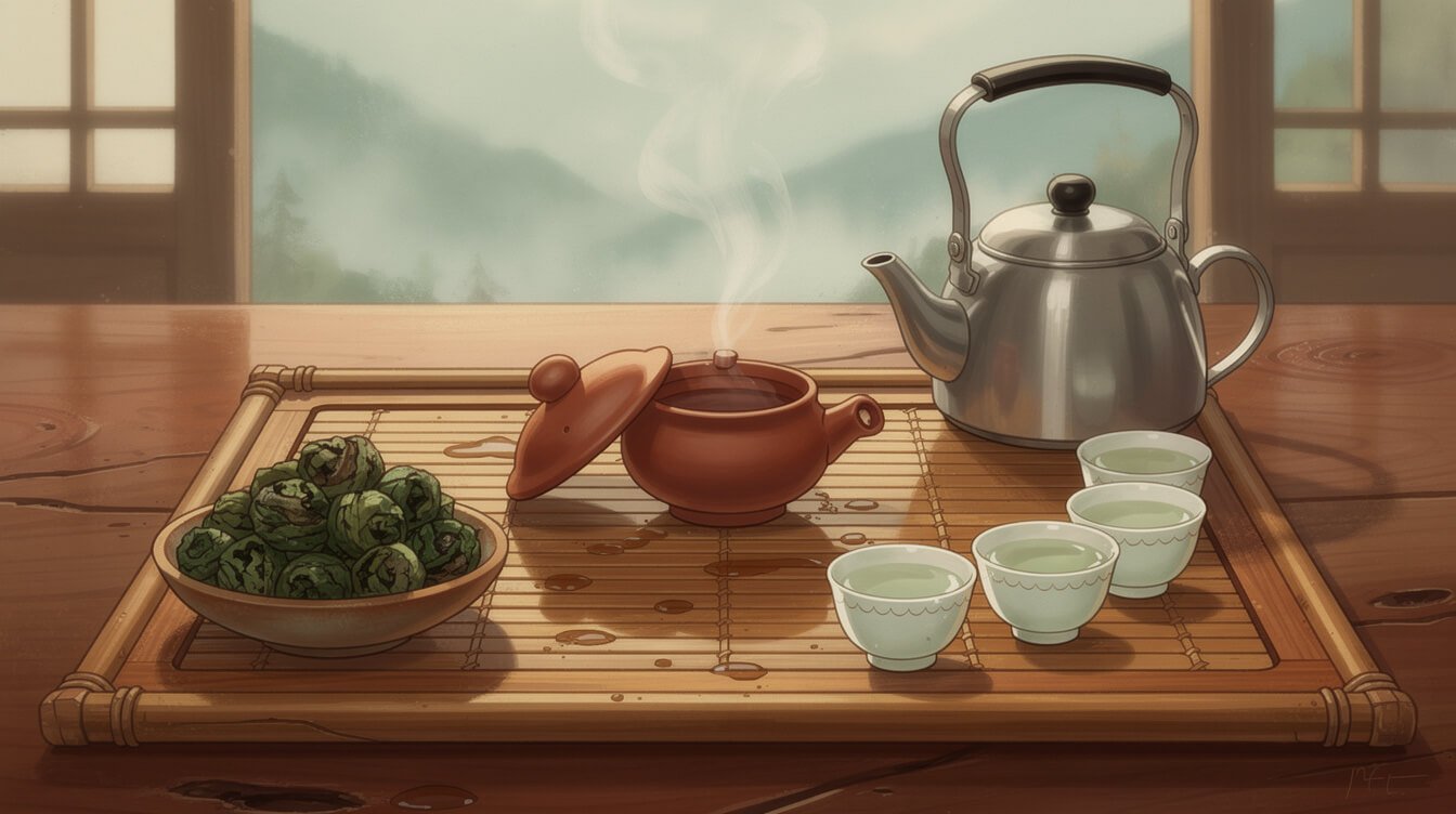 Traditional Taiwanese gongfu tea ceremony with gaiwan, cups, and high-mountain oolong leaves