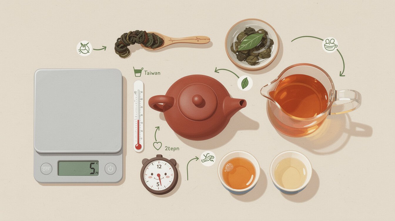 Overhead flat-lay of Taiwan oolong tea brewing essentials: teapot, fairness pitcher, cups, scale, thermometer and timer