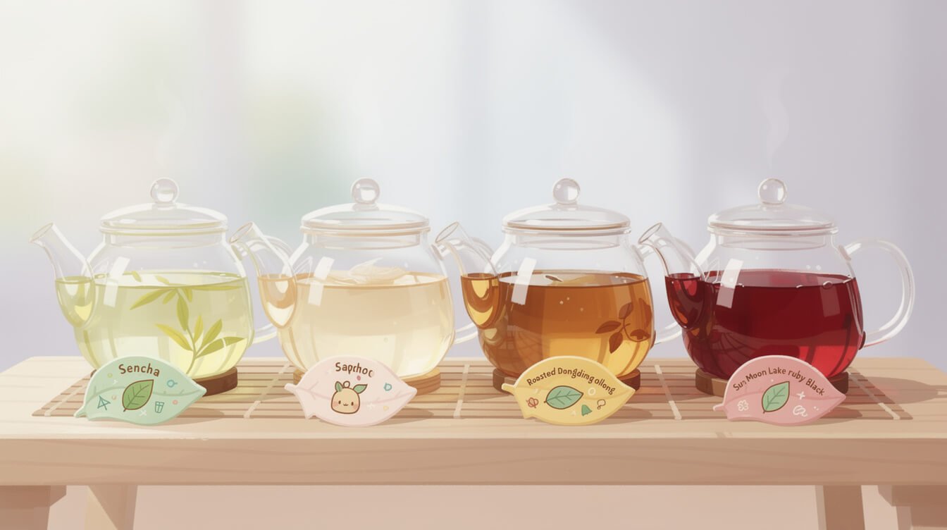 Five glass teapots showing the five types of taiwan tea: green, white, baozhong, dongding, and Sun Moon Lake Ruby 18 black tea