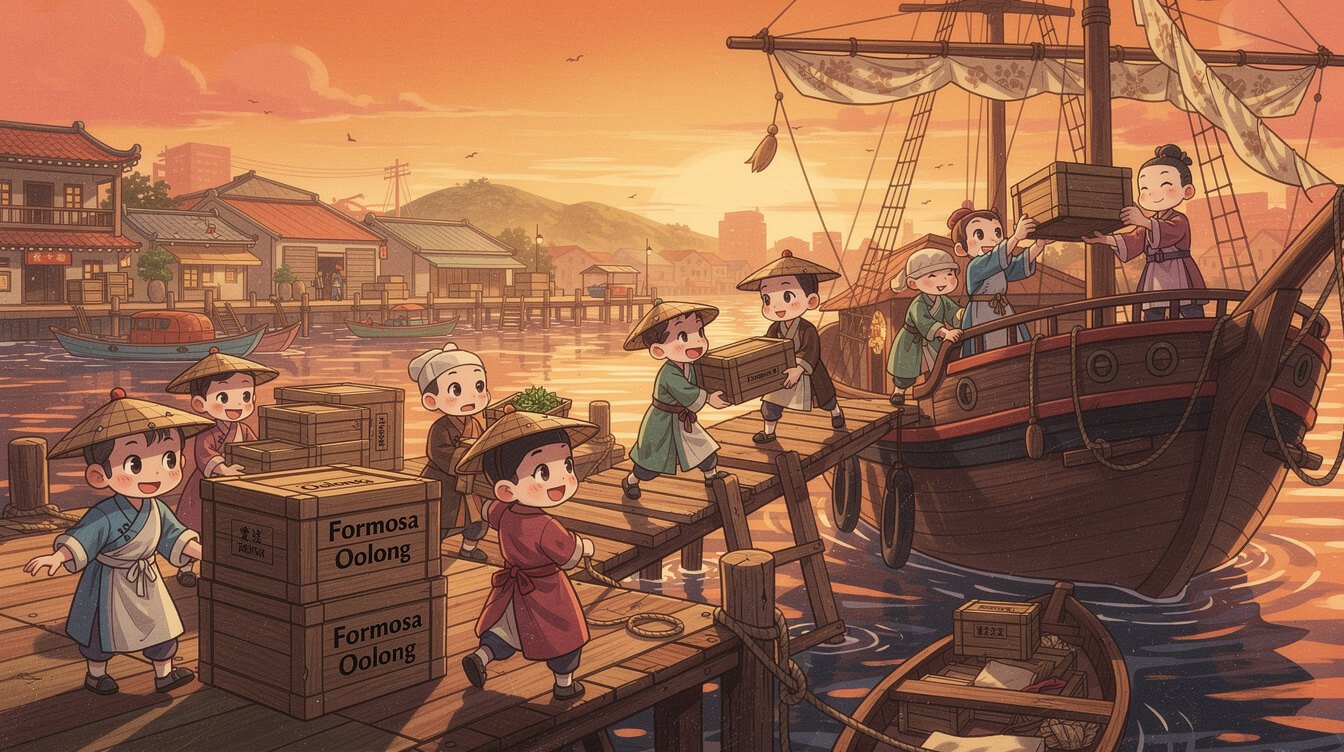 Vintage Wanhua Taipei port loading Formosa Oolong tea crates onto a sailing ship in the 1860s