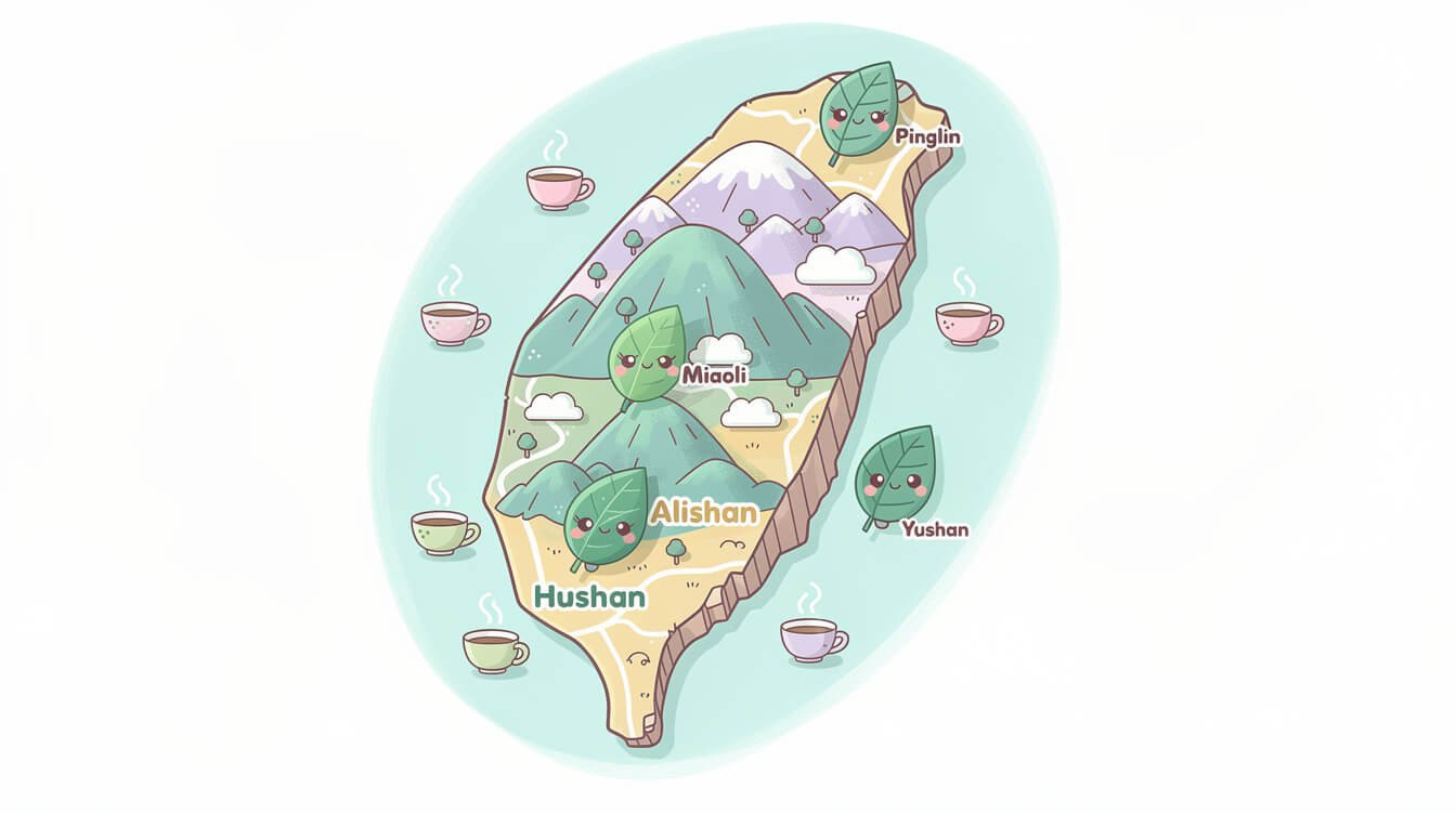 Illustrated map of Taiwan tea regions including Pinglin, Miaoli, Alishan, Sun Moon Lake, and Hualien