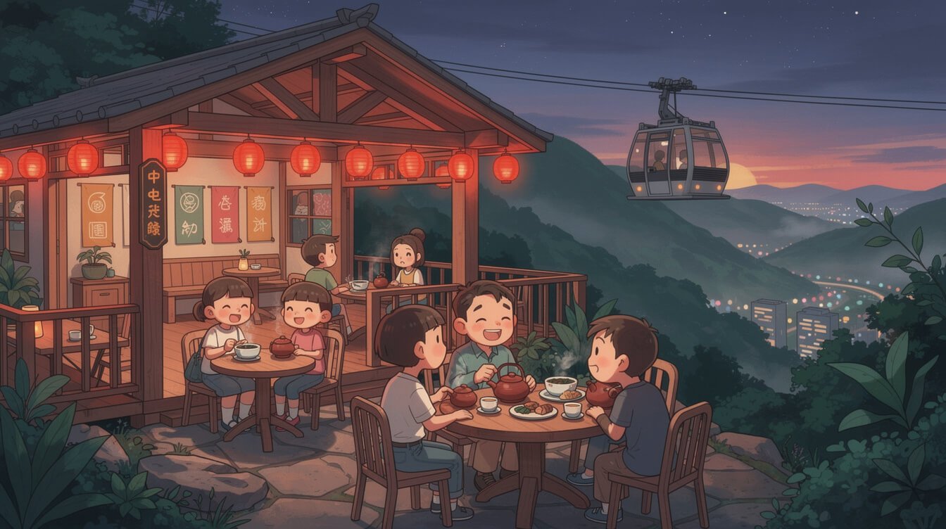 Maokong teahouse above Taipei at dusk with red lanterns and the gondola arriving in the background