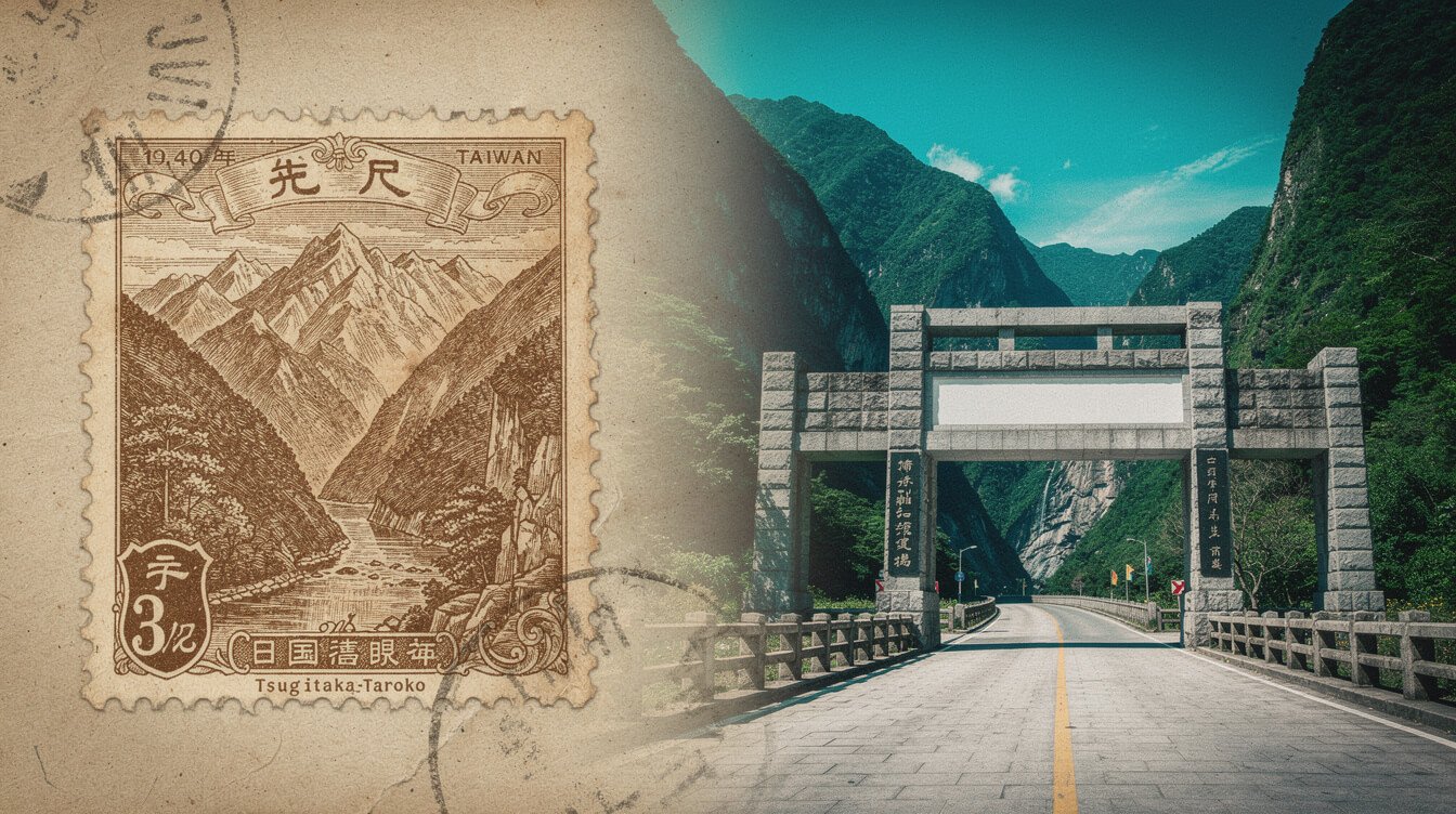 historic Japanese-era Taroko stamp blending into modern entrance arch