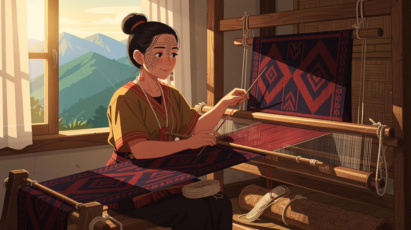 Truku indigenous Taiwanese weaver with traditional textile pattern