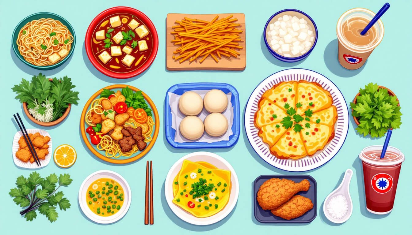 taiwan street food classics including stinky tofu, beef noodles, and gua bao