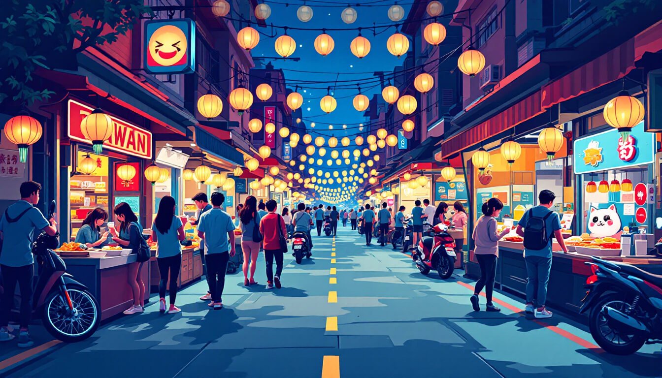 Taiwan night market street with paper lanterns and food stalls