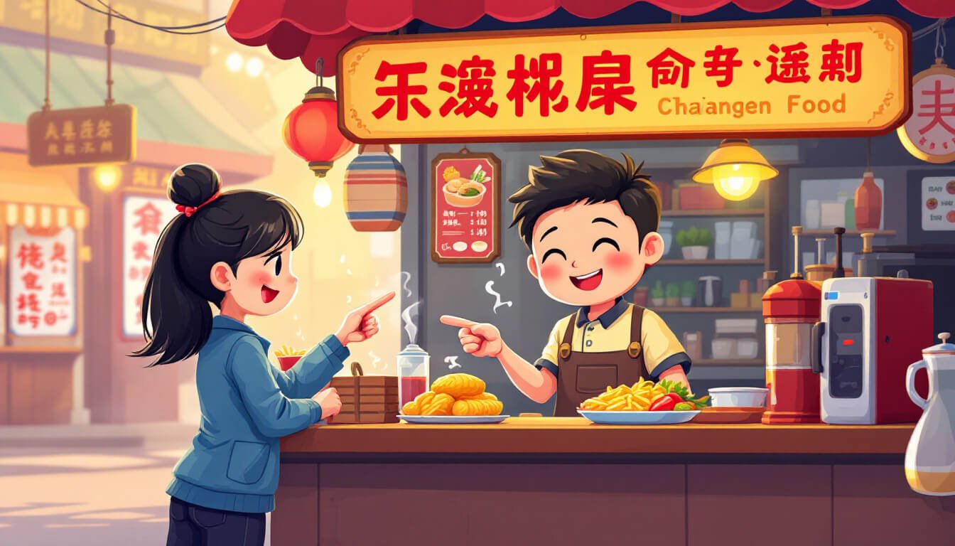 taiwan street food vendor and customer ordering at night market stall
