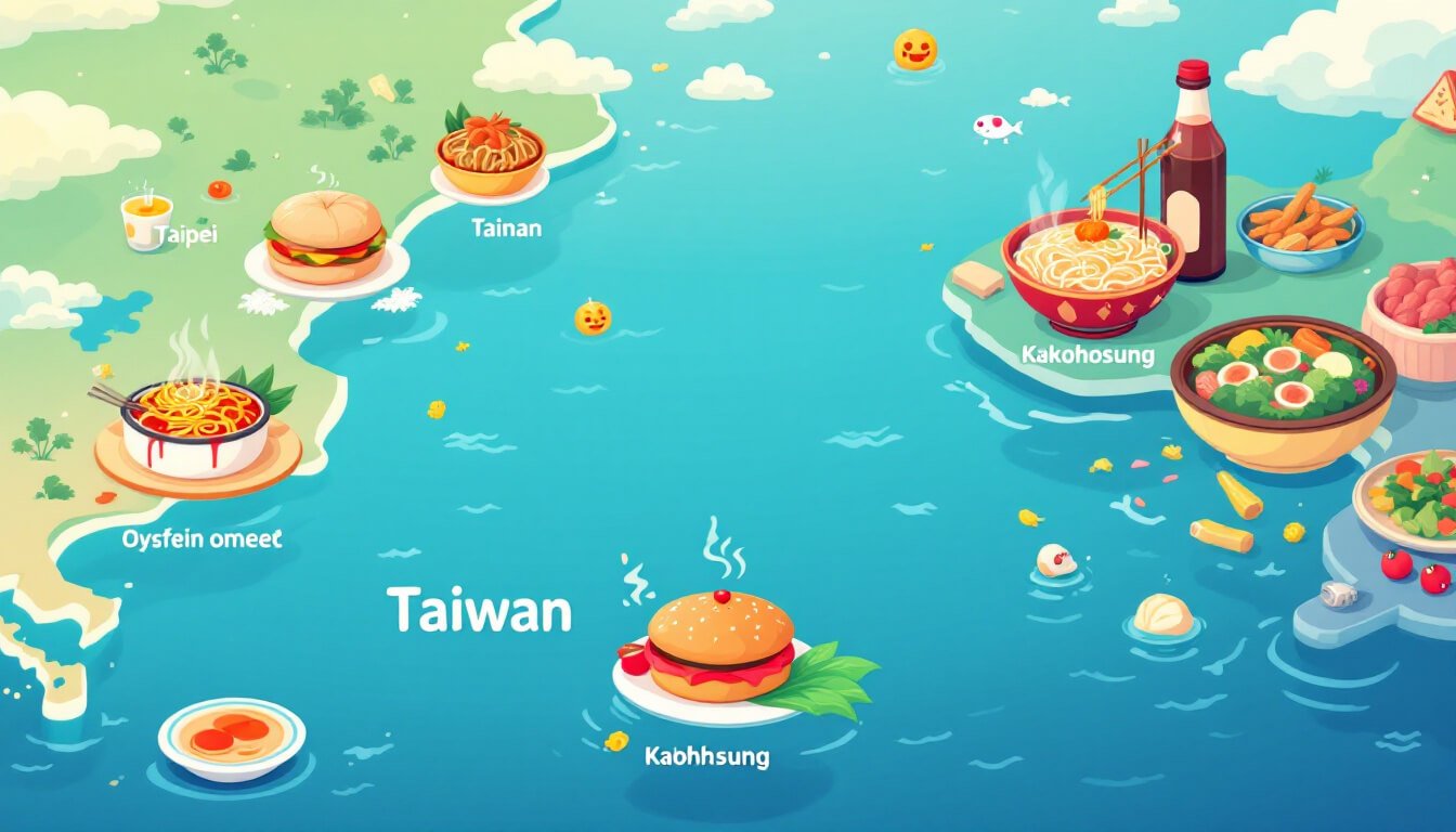 taiwan street food regional map of Taipei Tainan and Kaohsiung specialties