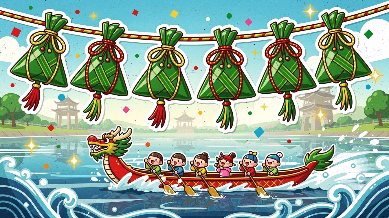 Bundles of zongzi hanging like festive lanterns near a Dragon Boat Festival scene