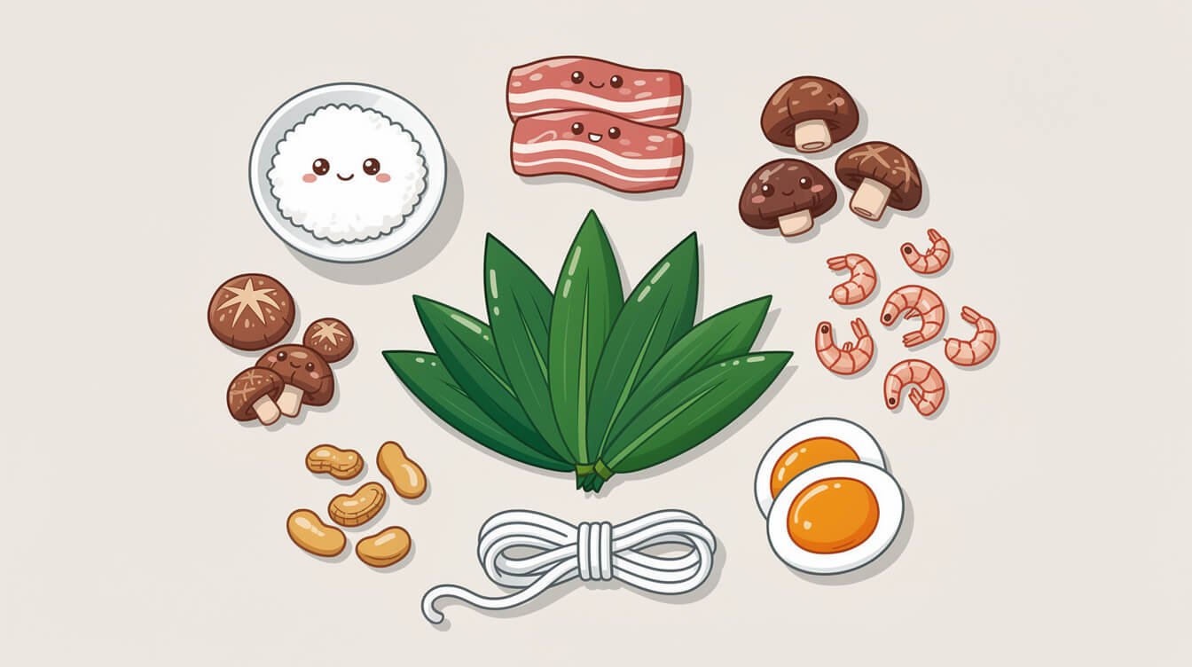 zongzi recipe ingredients flat lay including glutinous rice pork shiitake and bamboo leaves