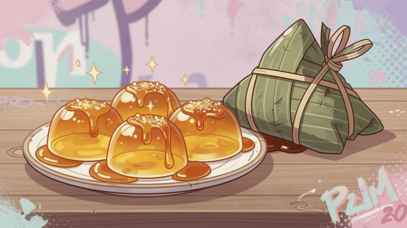 Translucent alkaline jian zong dessert zongzi with syrup beside a Hakka rice dumpling