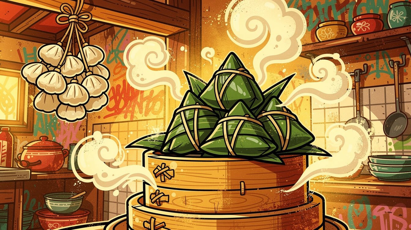 Bamboo steamer overflowing with bundles of Taiwanese zongzi