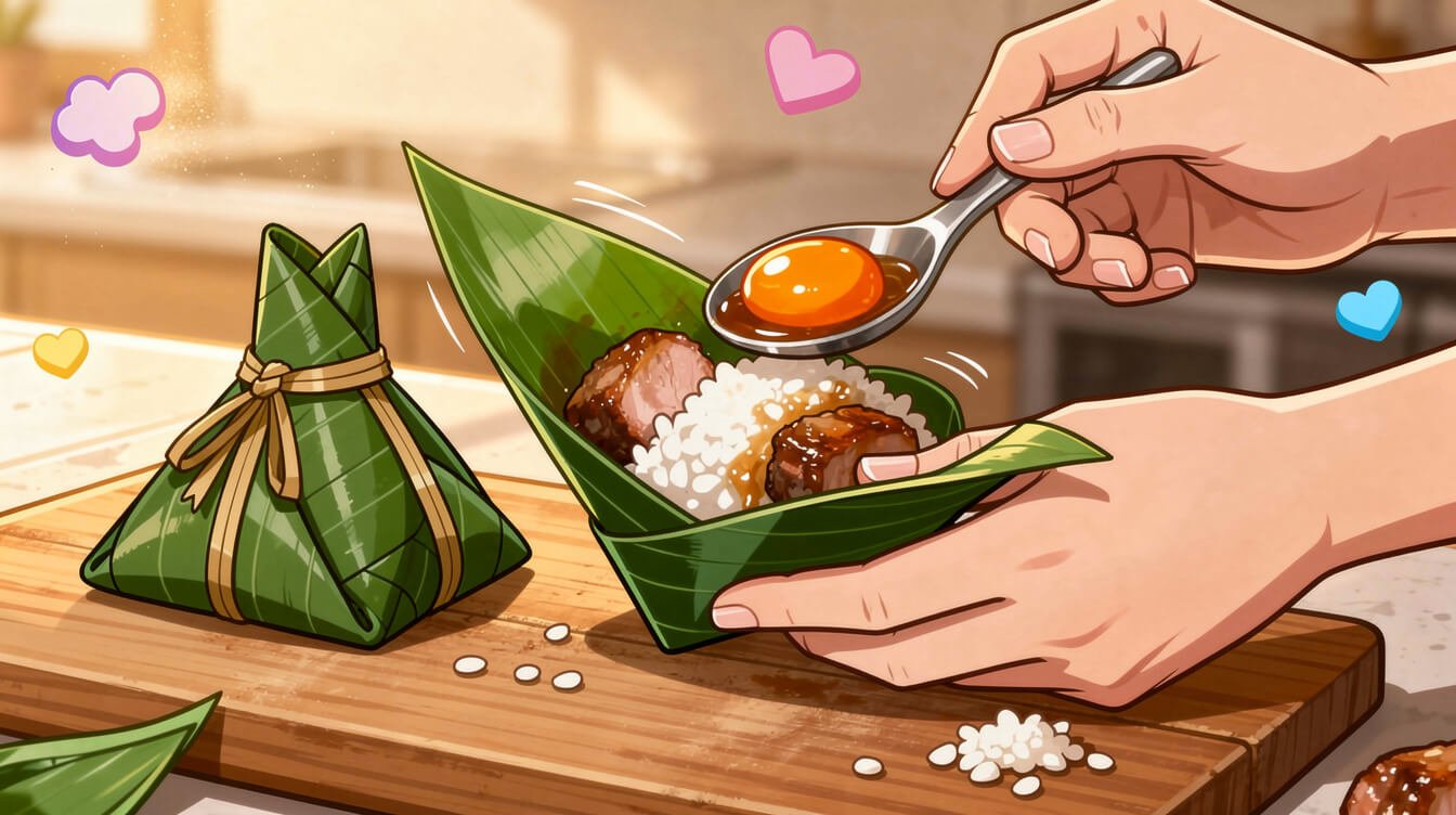 Hands folding a bamboo leaf into a cone to wrap a Taiwanese zongzi