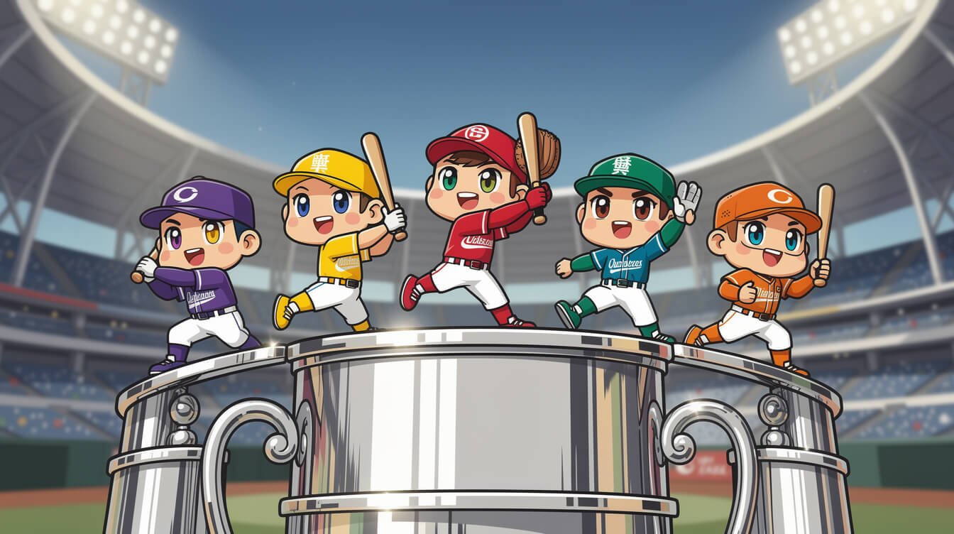 CPBL Taiwan six baseball team mascots on a trophy pedestal