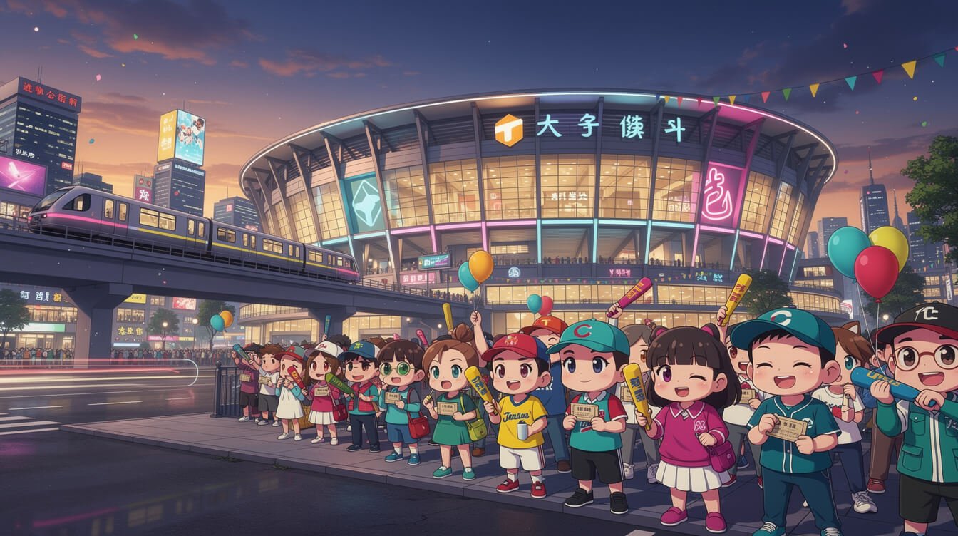 Taipei Dome stadium exterior with fans queuing for CPBL tickets
