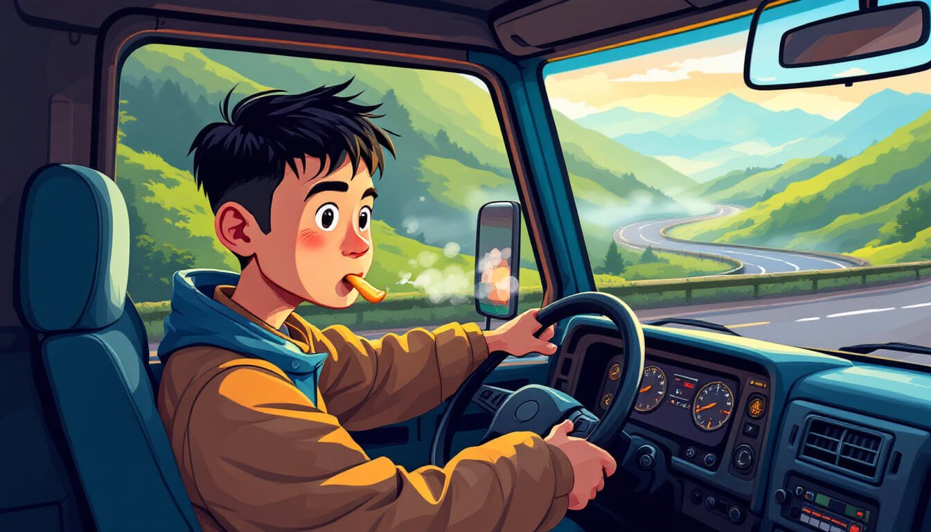 Taiwanese truck driver chewing betel nut on mountain highway