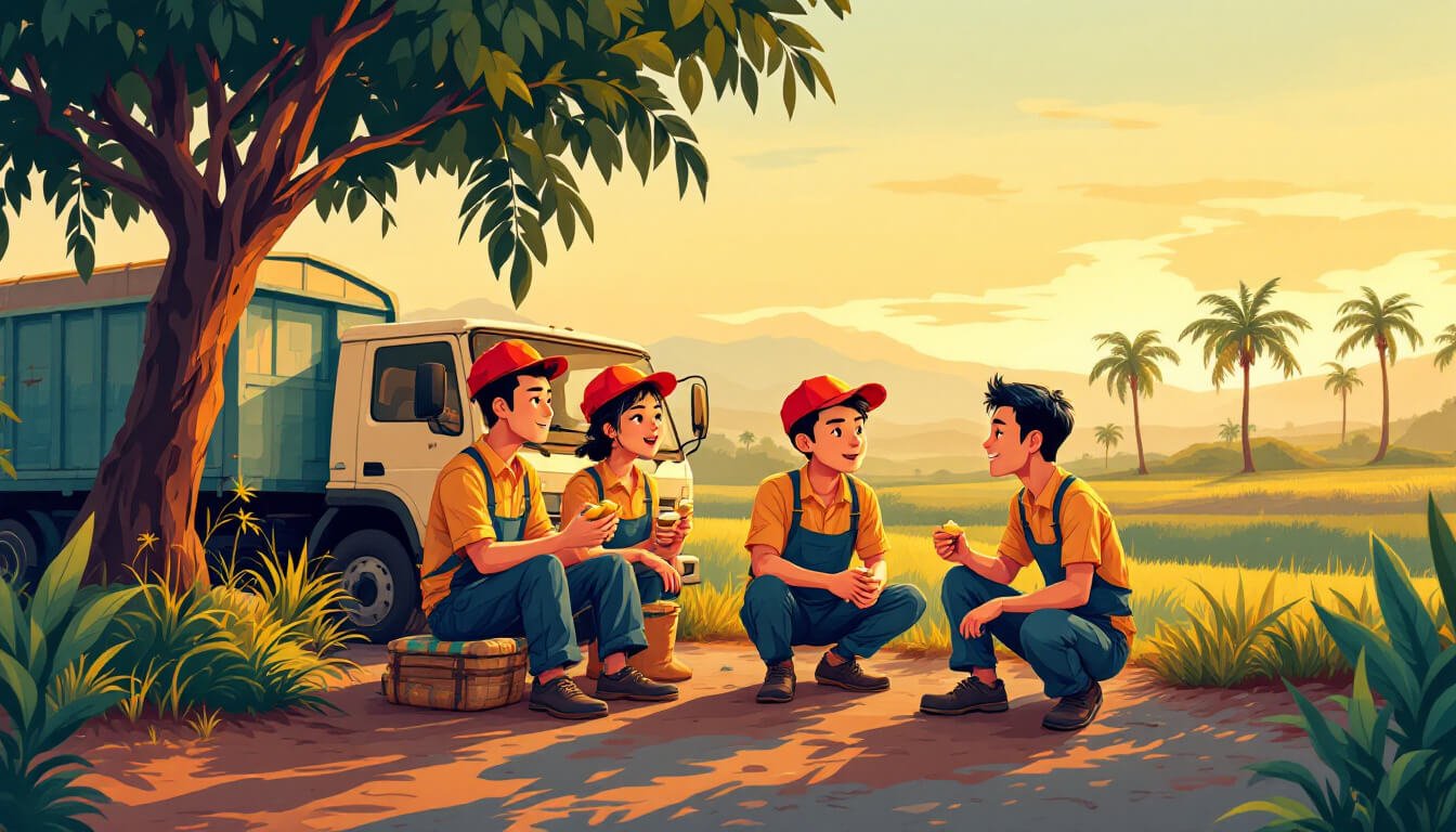 Taiwanese workers sharing betel nut on rural roadside