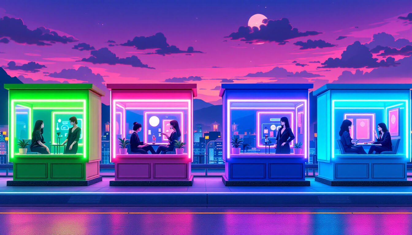 Row of neon-lit betel nut Beauty booths on a Taiwanese highway