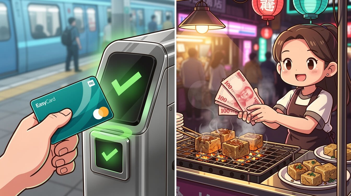 在台灣夜市,可以使用悠遊卡輕觸捷運或現金支付。