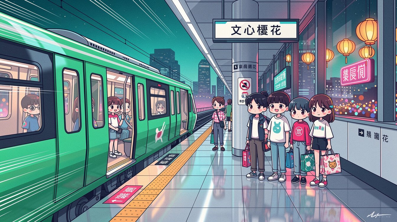 逢甲夜市,台灣綠捷運列車抵達文心映華站,遠處夜市燈籠閃爍。