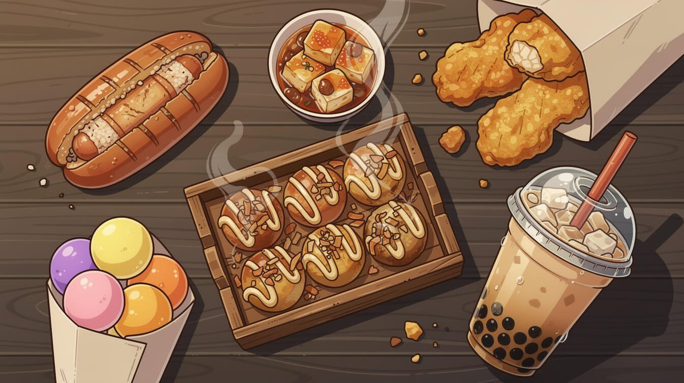 俯拍的逢甲夜市特色美食,包括章魚燒、大香腸配小香腸、炸雞、臭豆腐和珍珠奶茶。
