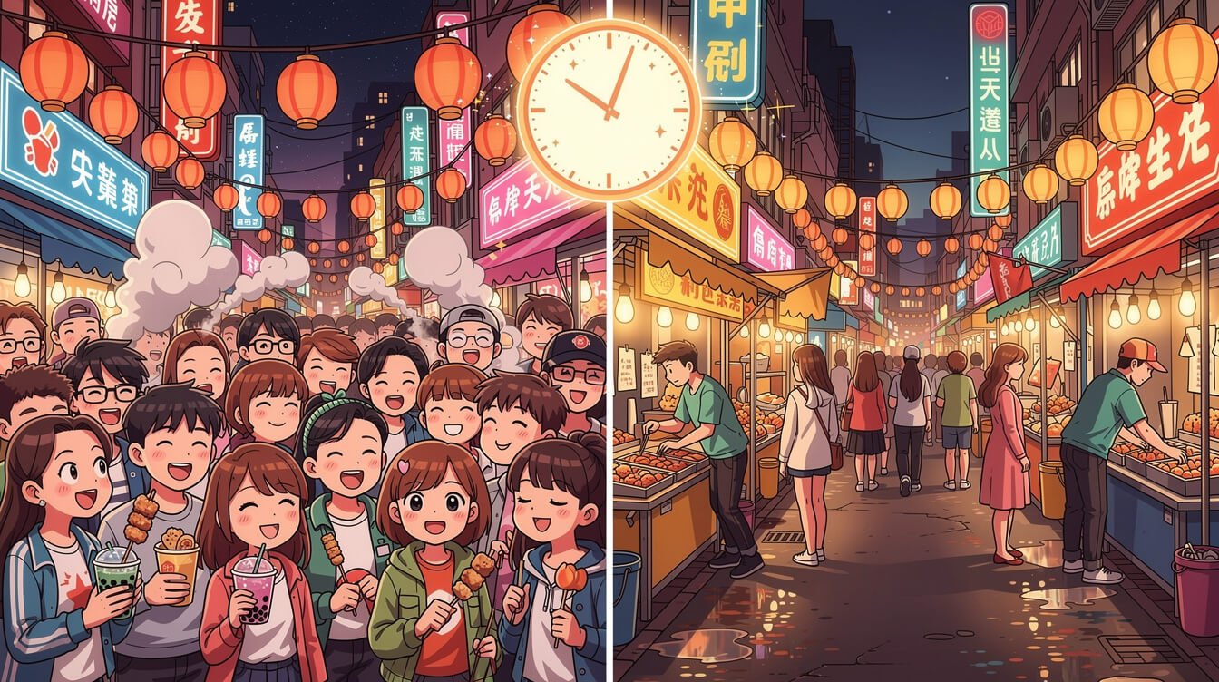 對比圖展示了逢甲夜市週六晚上熙熙攘攘的景象與週三晚上相對安靜的景象。