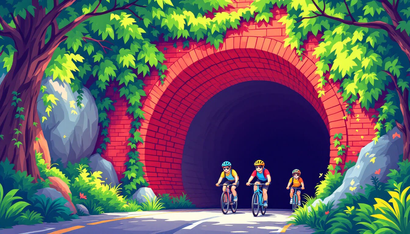 Cyclists at the Old Caoling Tunnel near Fulong Beach Taiwan