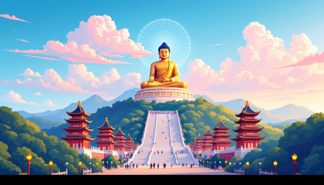 Foguangshan Buddha Memorial Center golden Buddha statue and pagodas Kaohsiung Taiwan