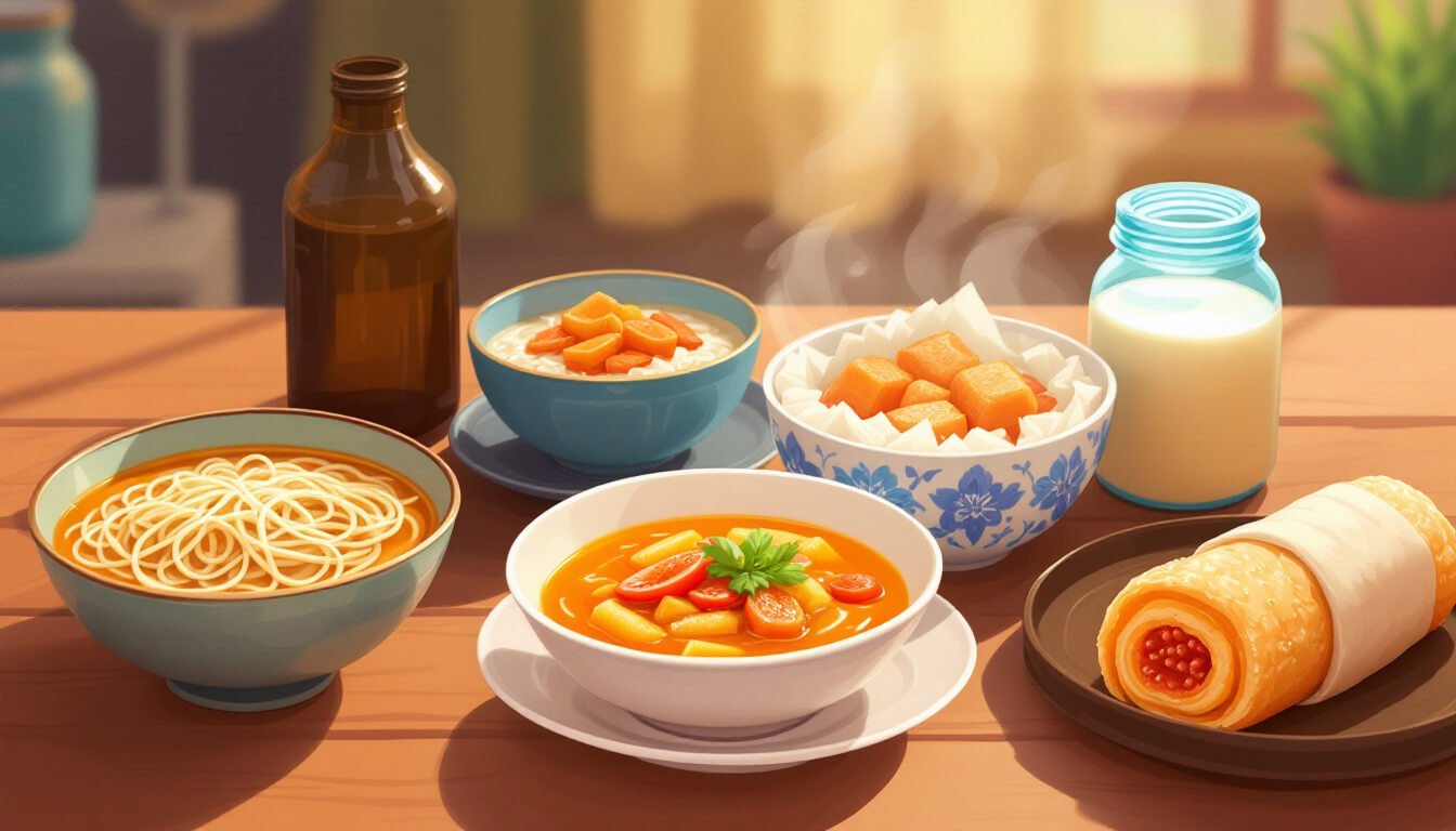 Kaohsiung Taiwan breakfast spread danzai noodles milkfish soup papaya milk and savory cruller rice roll