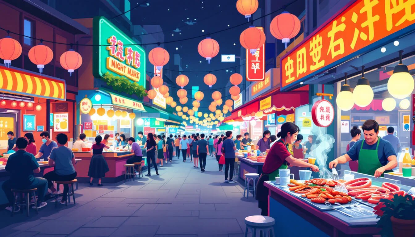 Liuhe Night Market Kaohsiung at night with red lantern arcade and papaya milk stalls