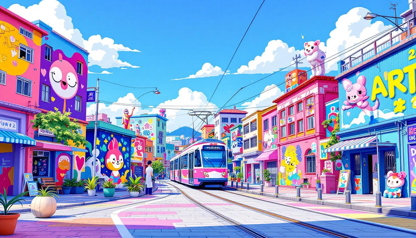 Pier-2 Art Center Kaohsiung repainted warehouses with murals and light rail tram