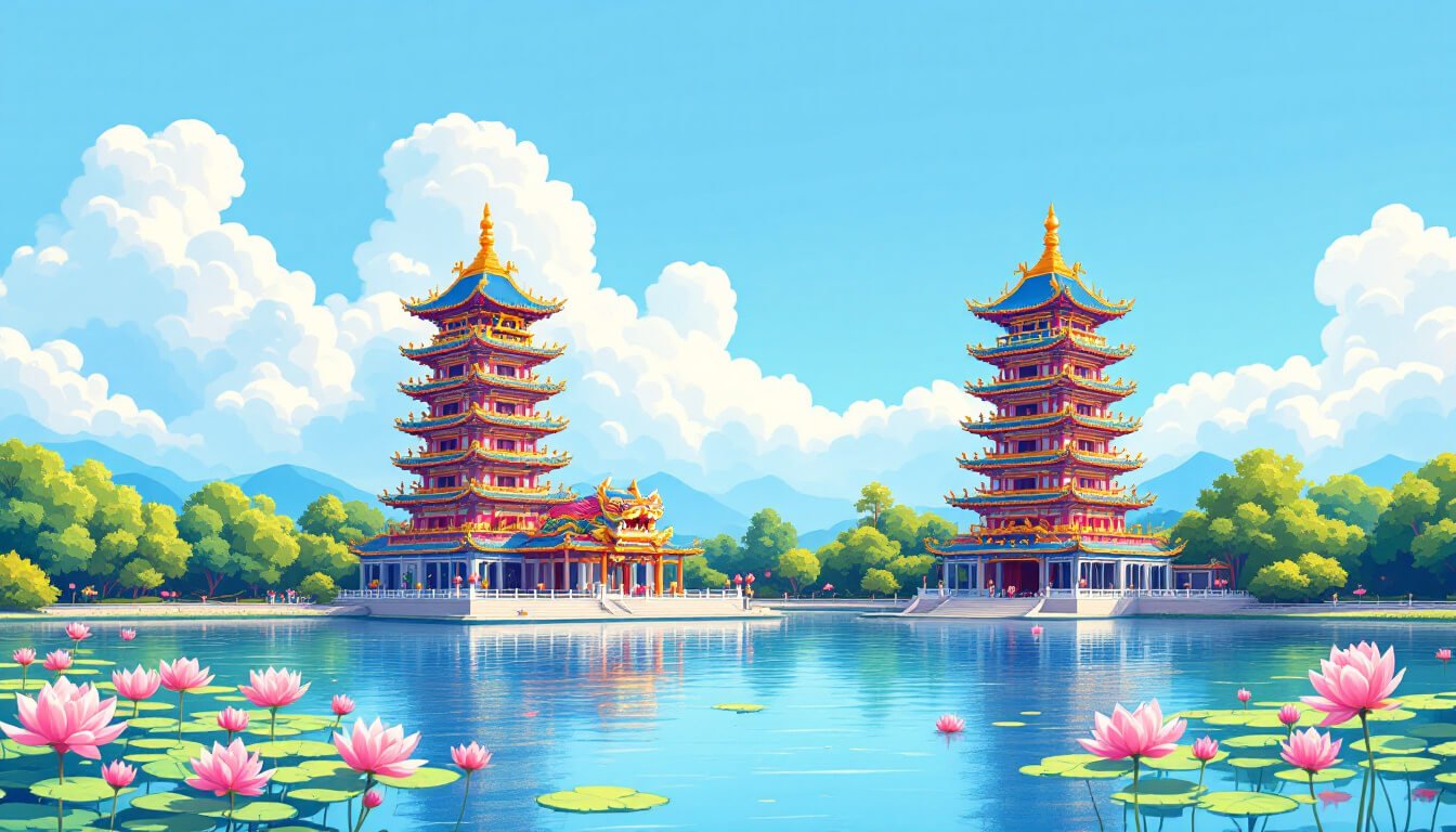 Dragon and Tiger Pagodas at Lotus Pond Kaohsiung Taiwan reflecting in calm water