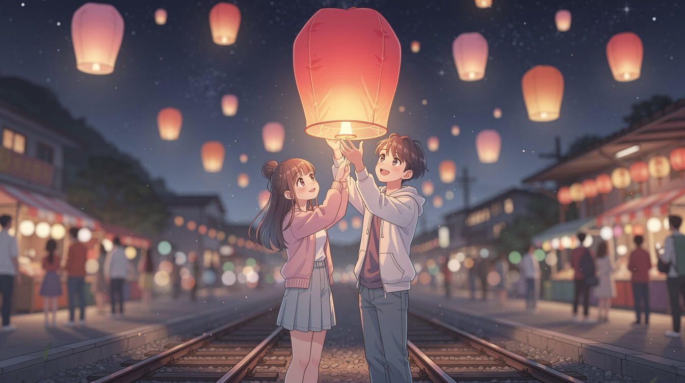 一對夫婦在夜空中放飛了一盞平溪天燈,許願成真。