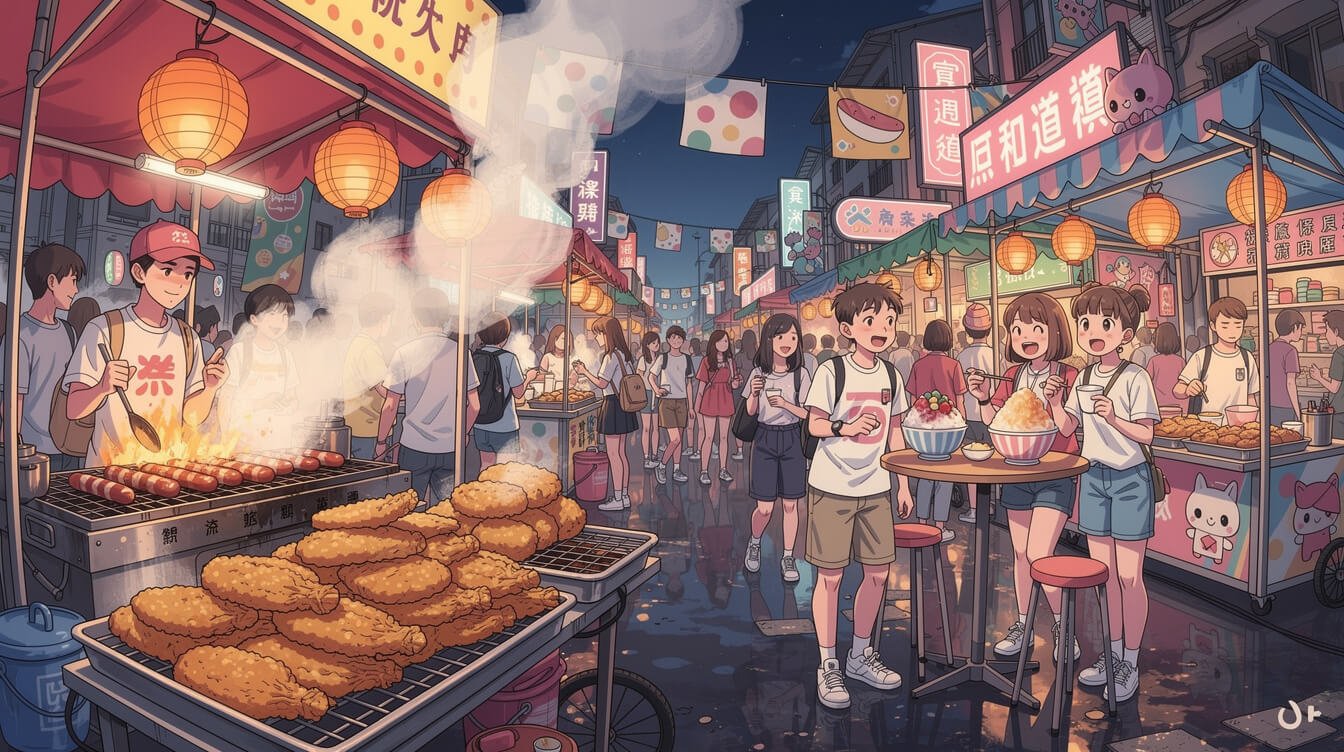 Feng Chia Night Market in northern Taichung with neon food stalls