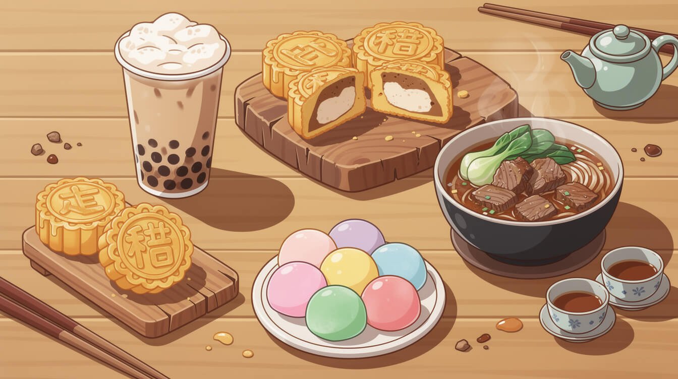 things to do in taichung taiwan — signature foods including sun cake, bubble tea, and beef noodle soup