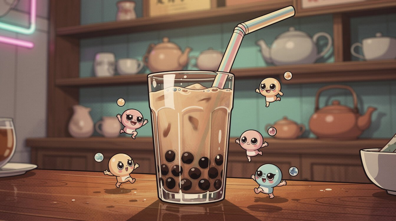 vintage bubble tea glass with tapioca pearls at a Taichung teahouse