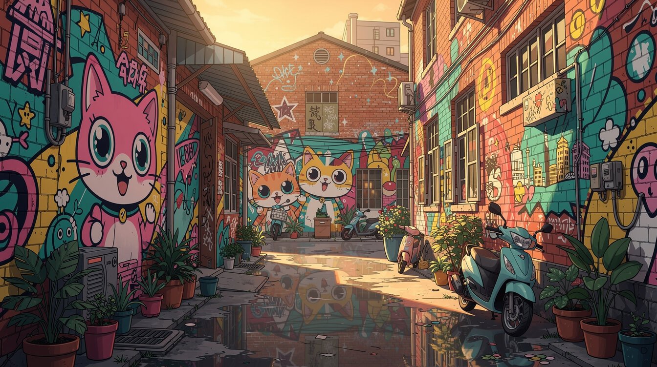 colorful murals on a converted industrial building in Taichung's creative quarter