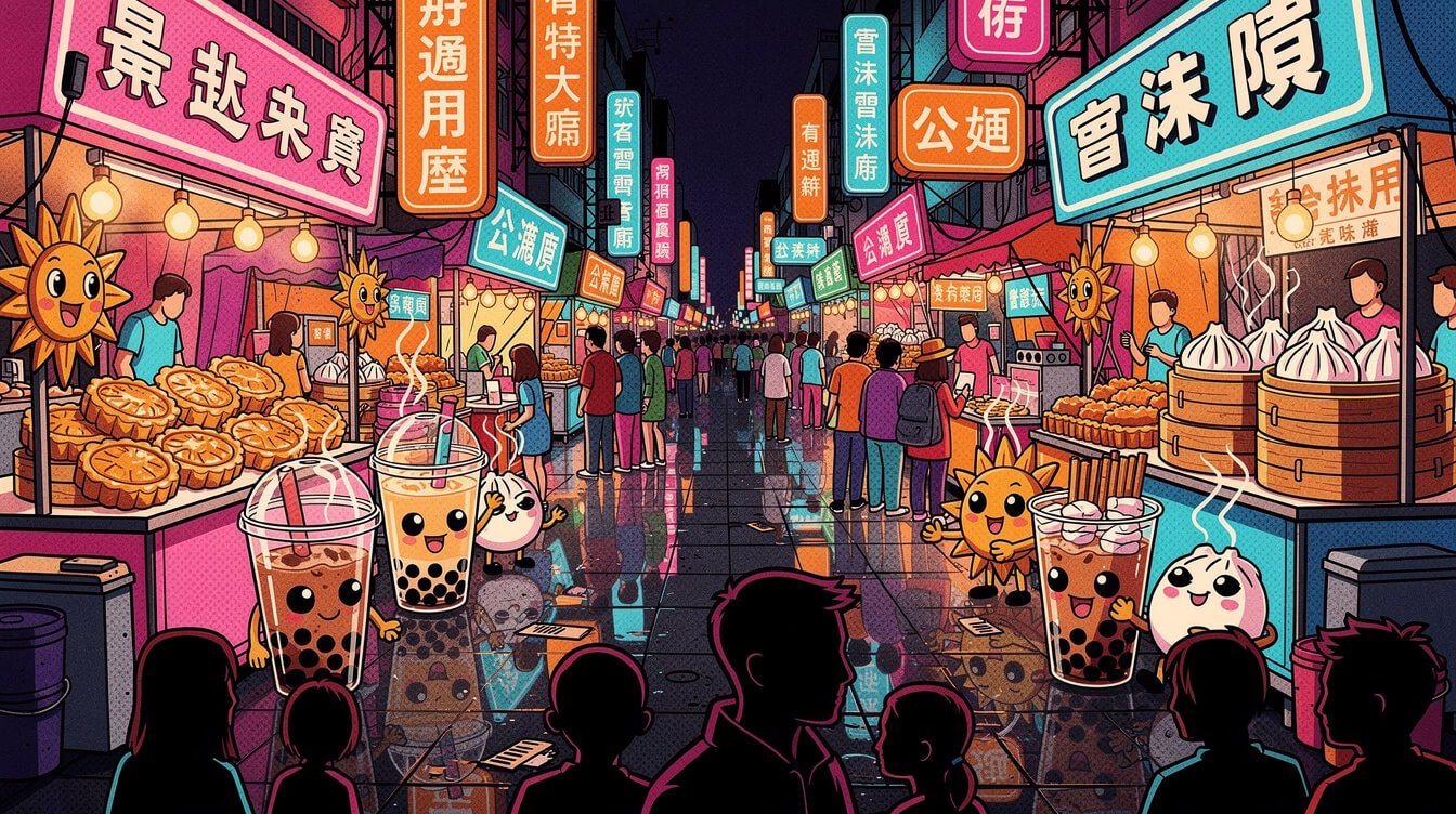 taichung taiwan fengjia night market food stalls with neon signs and bubble tea