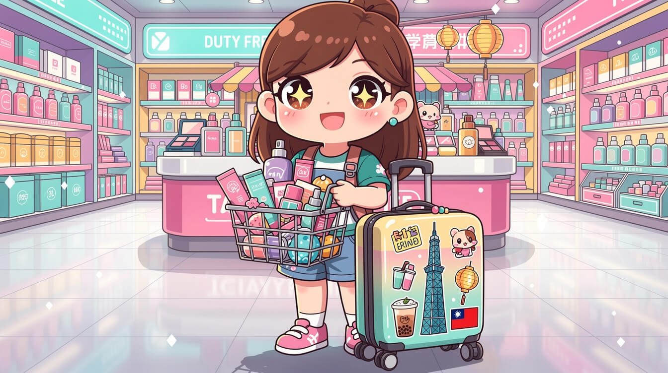 旅客在桃園機場免稅櫃檯,手提美妝購物袋