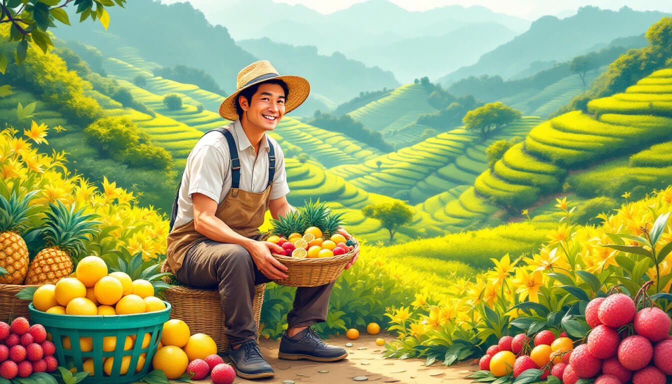 Taiwan fruit tea farmer with fresh tropical fruit and tea plantation