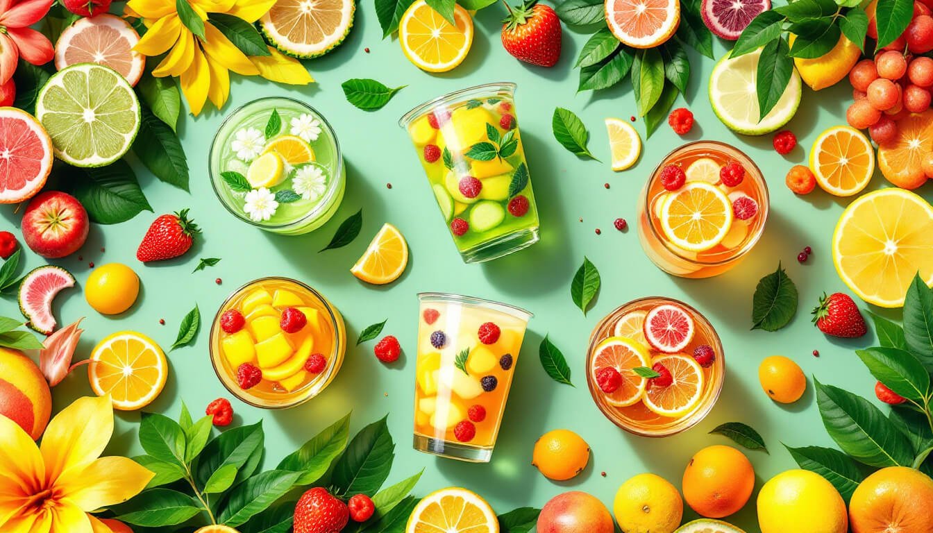 Six iconic Taiwan fruit tea flavors flat-lay
