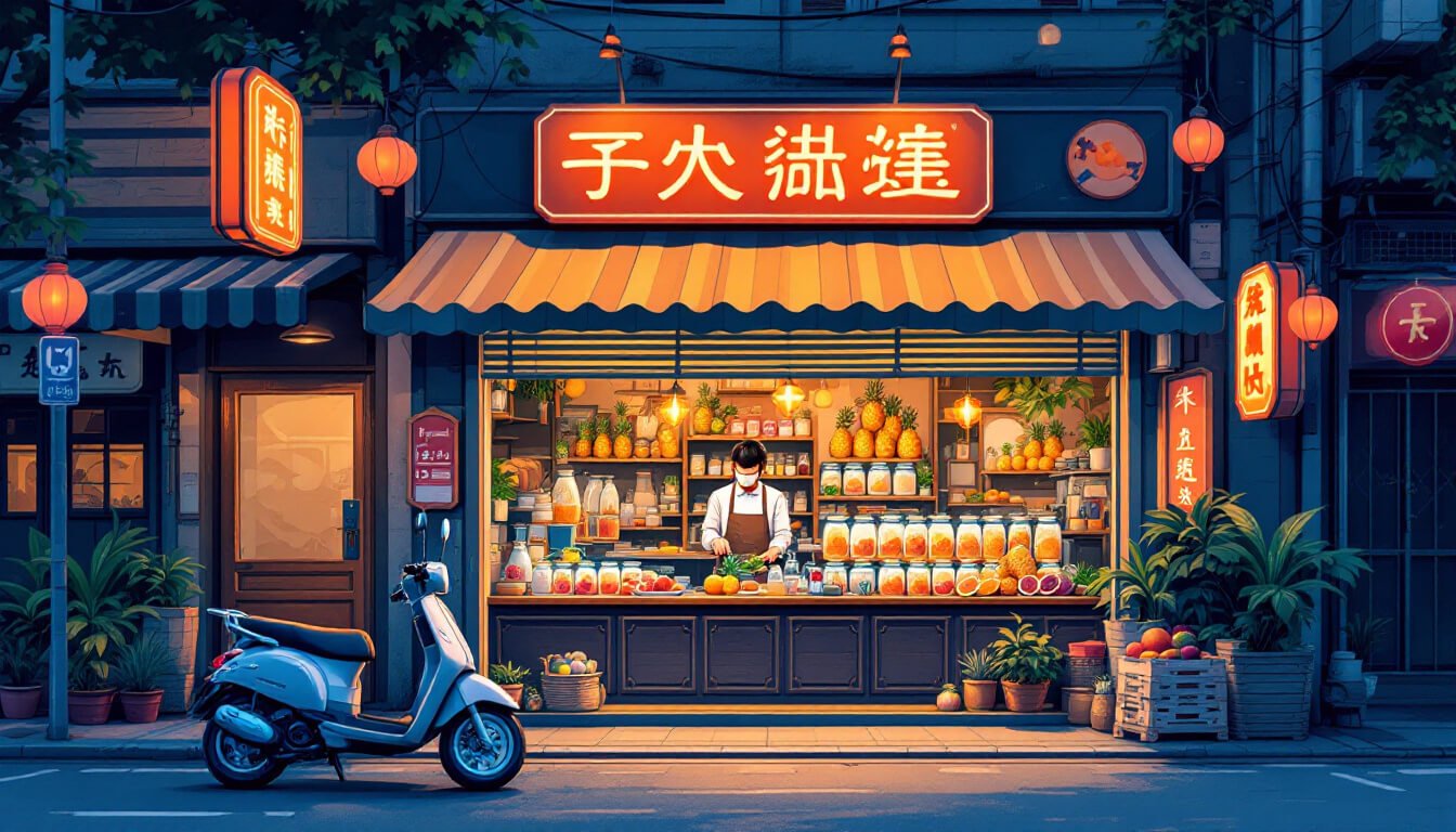 Tainan Yi Fang fruit tea storefront at dusk